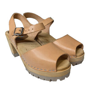 Mia Greta Wooden Heeled Leather Open Toe Ankle Strap Wedge Clog Scandi Boho Tan